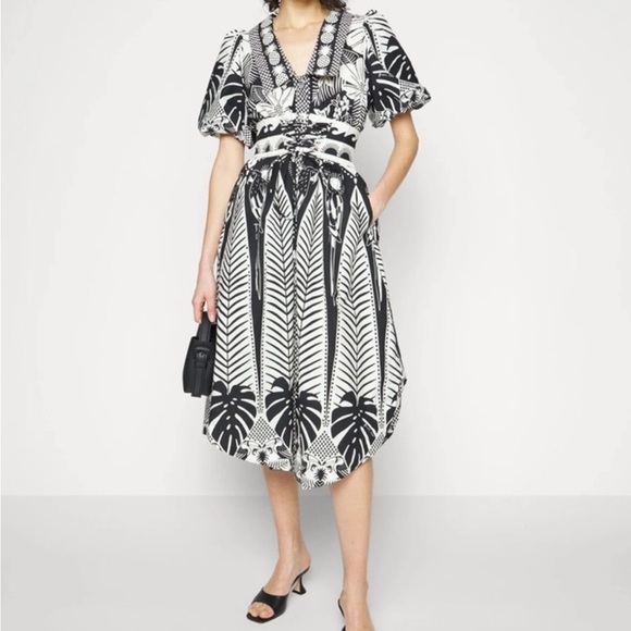 FARM Rio Black and White Tiered Ruffled Midi Sundress - Picture 2 of 8